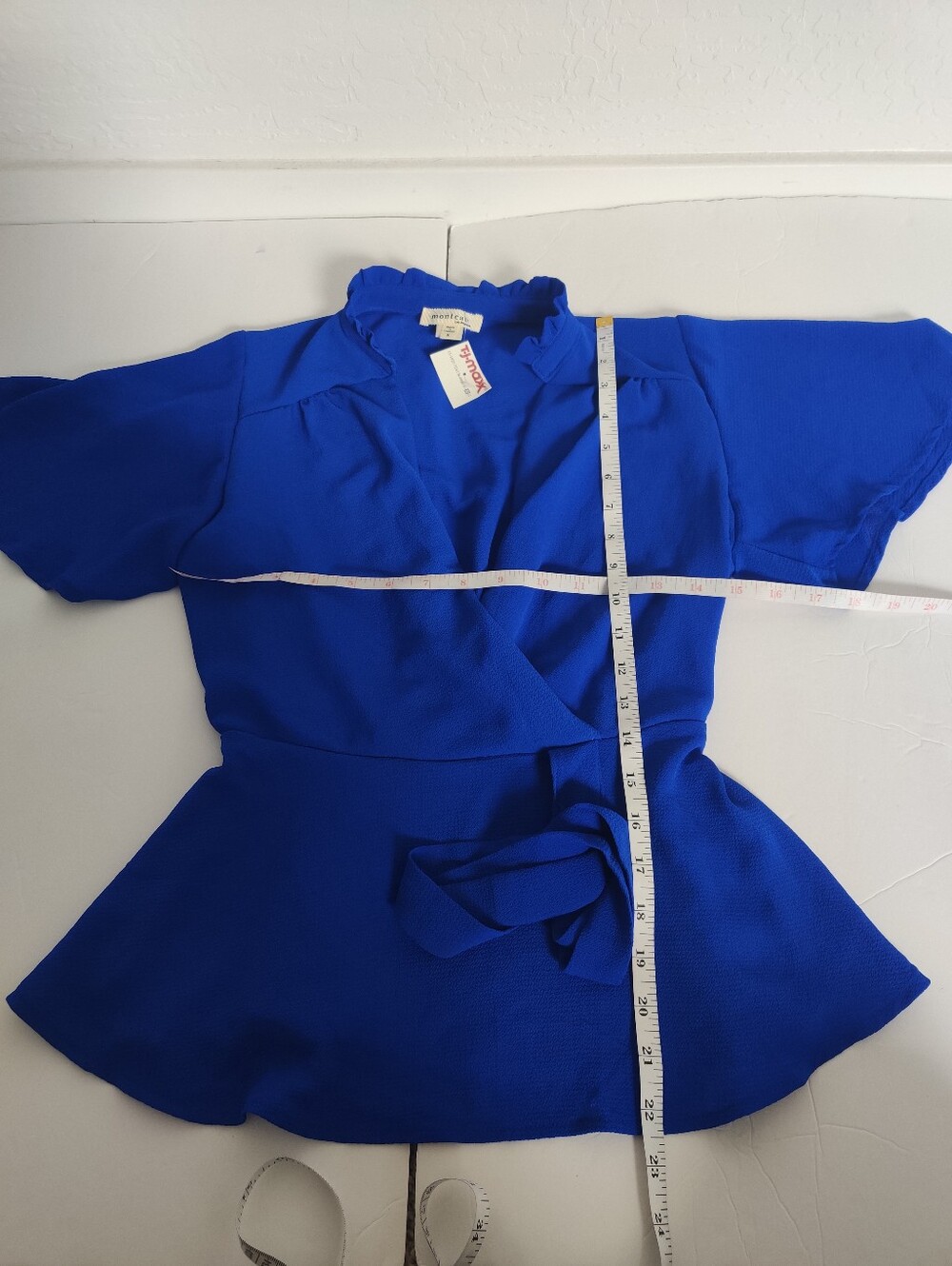 🆕 Monteau Royal Blue High Collar Flutter Sleeves Wrap Style Peplum Top_Small - Picture 8 of 9